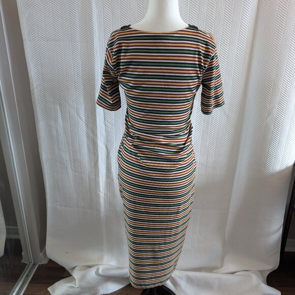 Zara NWOT Striped Stretch Midi Dress Black Green White Yellow Brown Size Medium - Picture 2 of 9